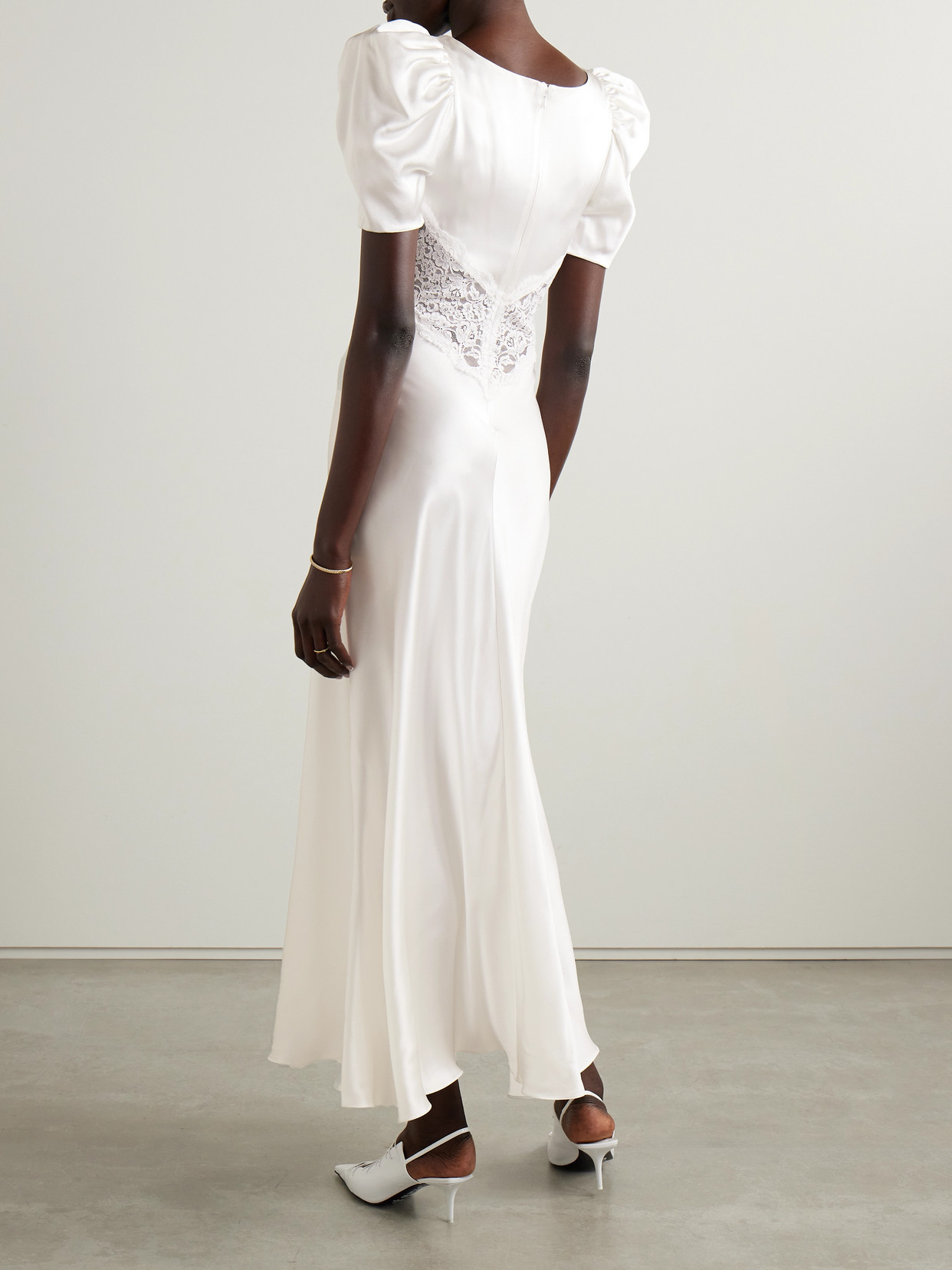 Shop Rodarte Lace-trimmed Silk-satin Gown In Off-white