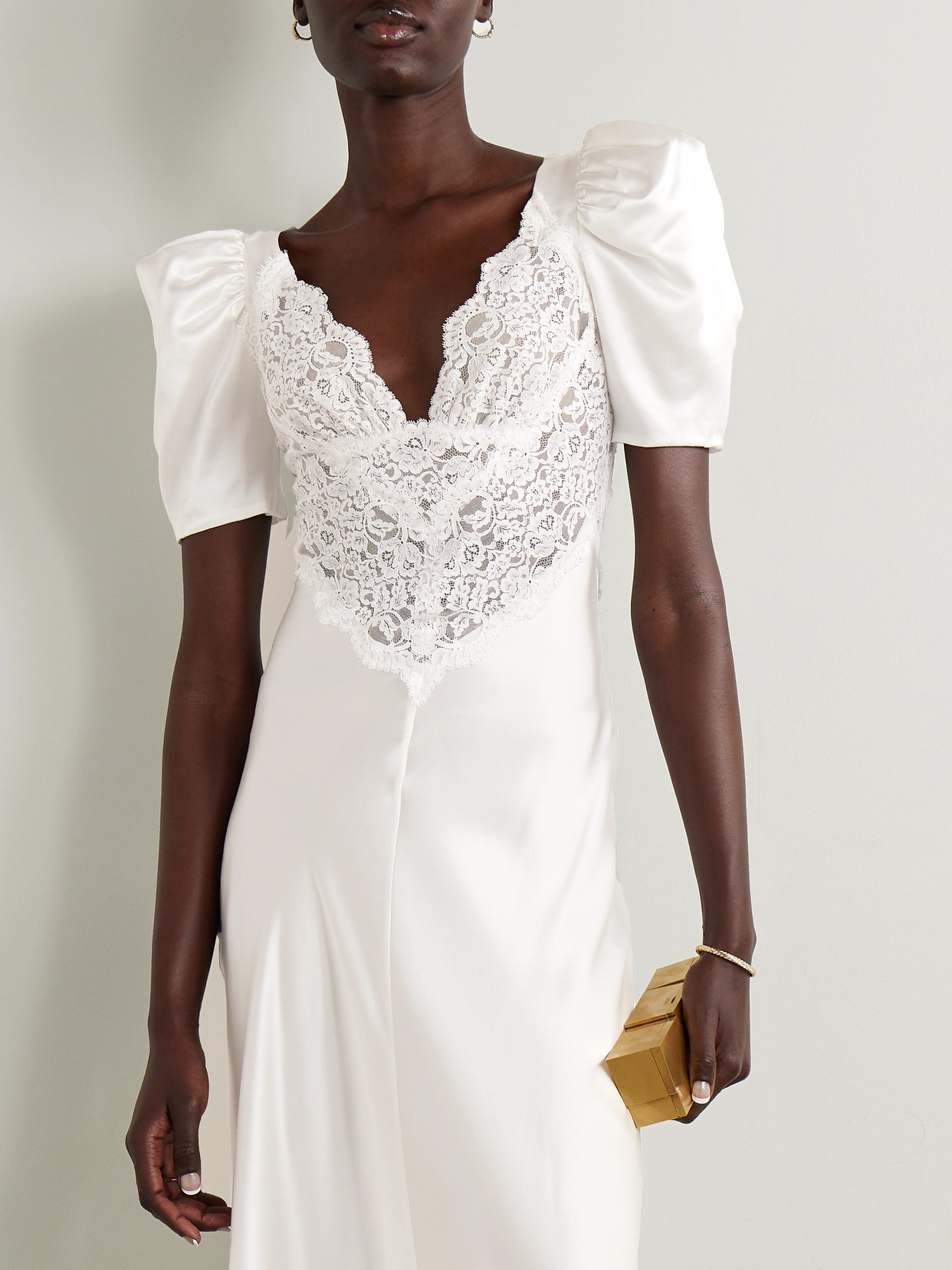 Rodarte Lace-trimmed Silk-satin Gown In Off-white