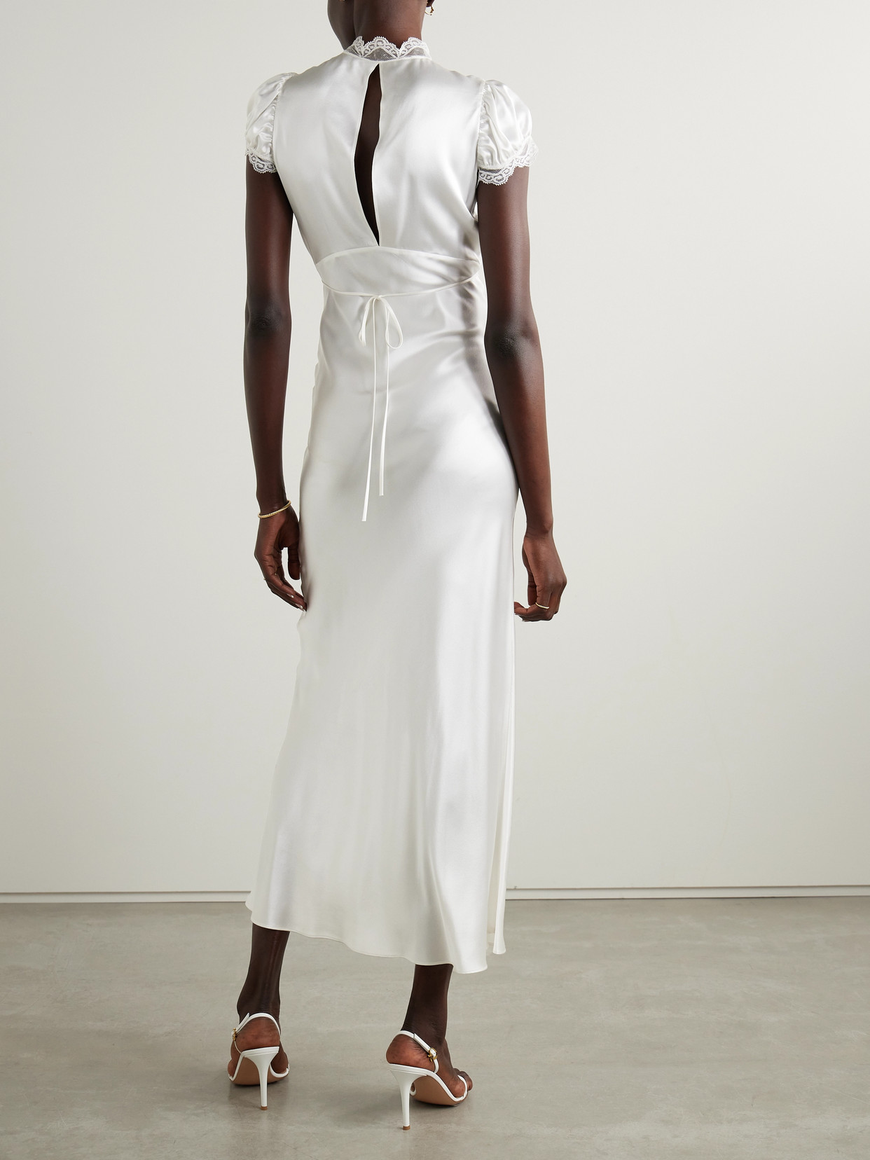 Shop Rodarte Lace-trimmed Silk-satin Midi Dress In Off-white