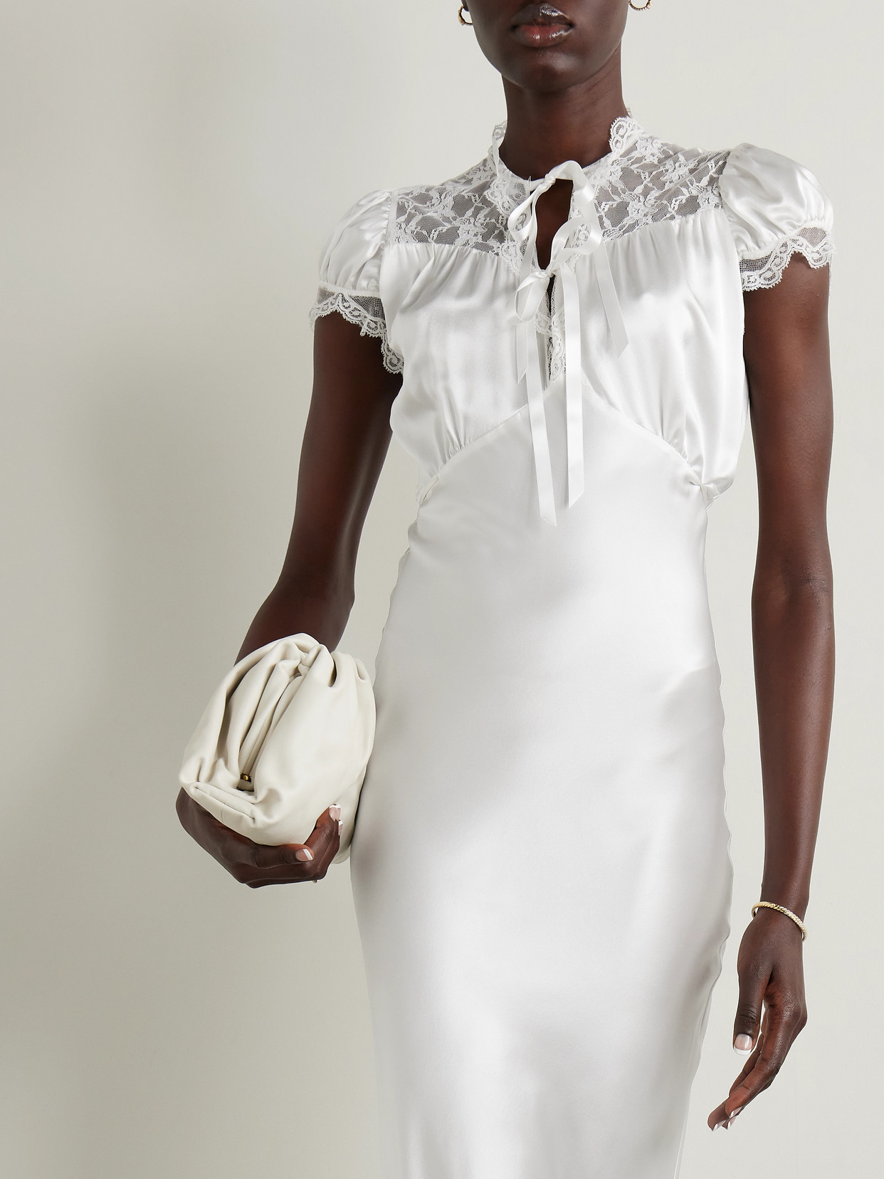 Rodarte Lace-trimmed Silk-satin Midi Dress In Off-white