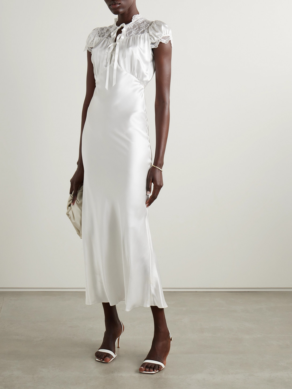 Shop Rodarte Lace-trimmed Silk-satin Midi Dress In Off-white