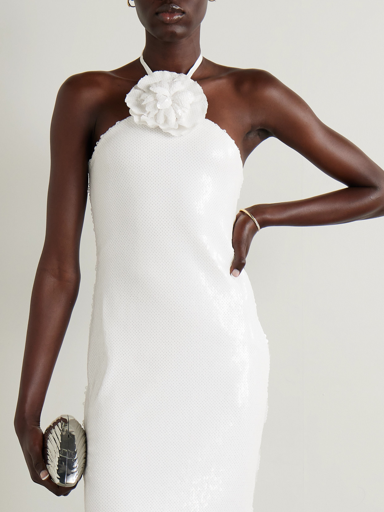 Rodarte Embellished Sequined Tulle Halterneck Gown In White