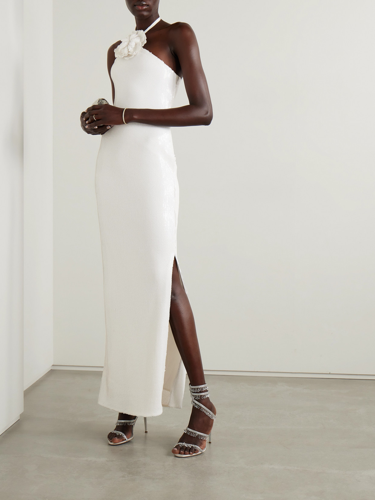 Rodarte Embellished Sequined Tulle Halterneck Gown In White