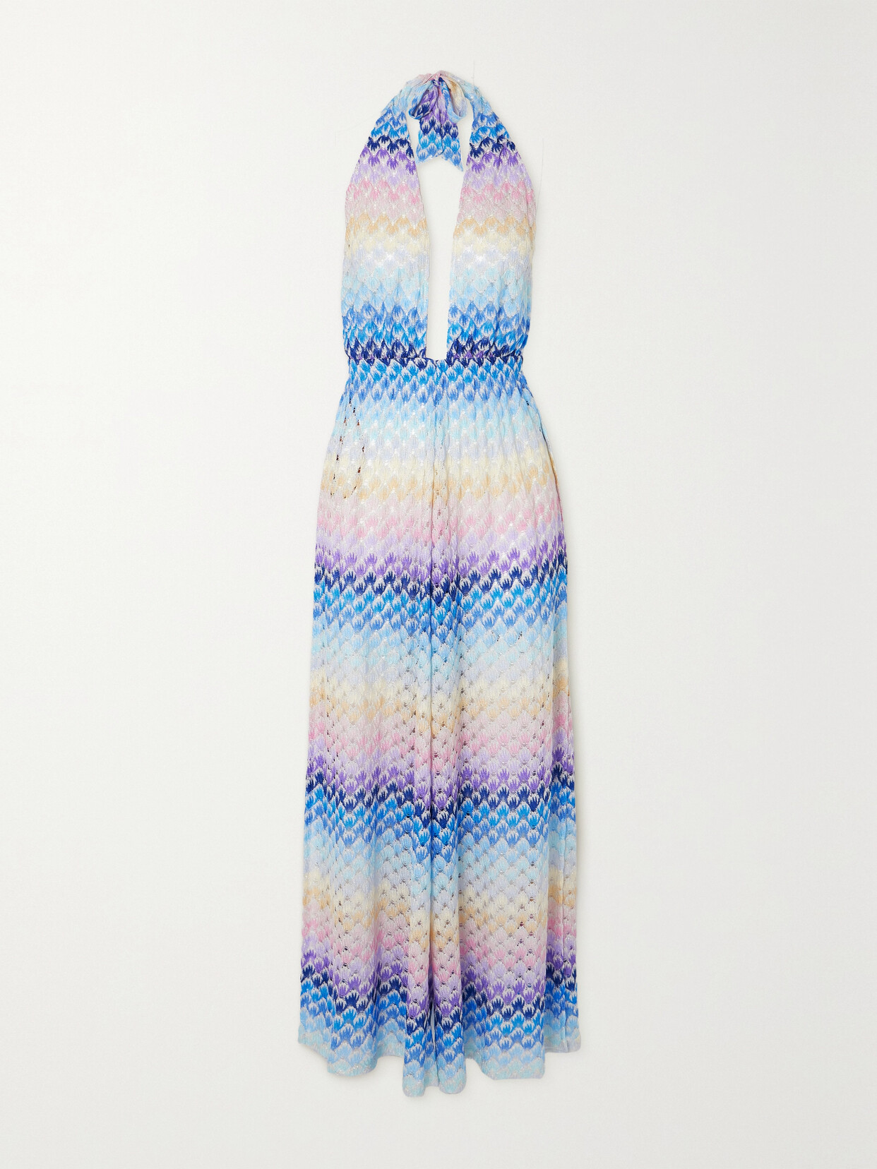 Missoni Mare Striped Metallic Crochet-knit Halterneck Jumpsuit In Blue