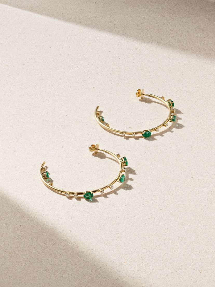 House Of Meraki Electric 18-karat Gold, Diamond And Emerald Hoop Earrings