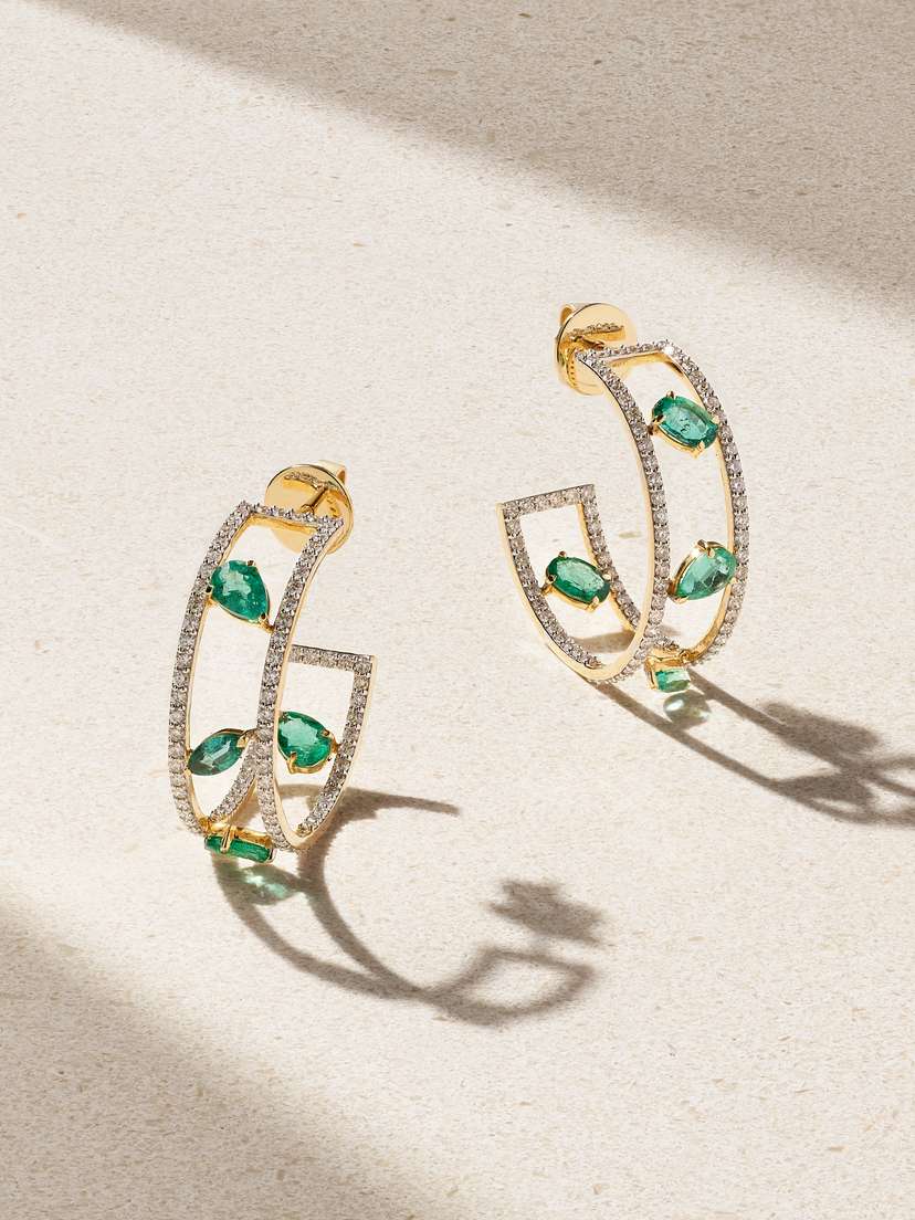 House Of Meraki Tamara 18-karat Gold, Emerald And Diamond Hoop Earrings