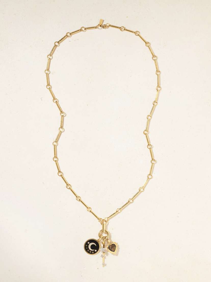 Foundrae 18-karat Gold, Enamel, Diamond And Quartz Necklace