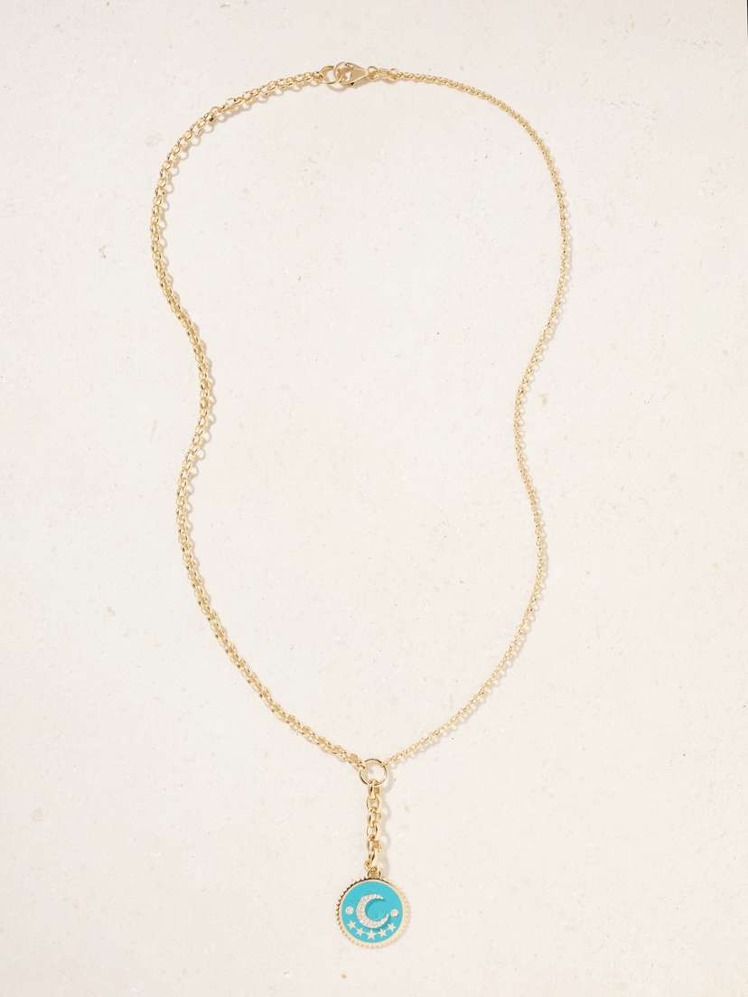 Foundrae Aqua Crescent 18-karat Gold, Diamond And Enamel Necklace