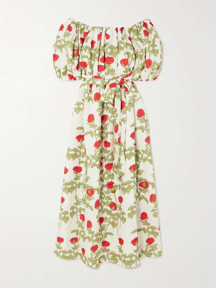 BERNADETTE Zaza Off-the-shoulder Belted Floral-print Linen Maxi Dress