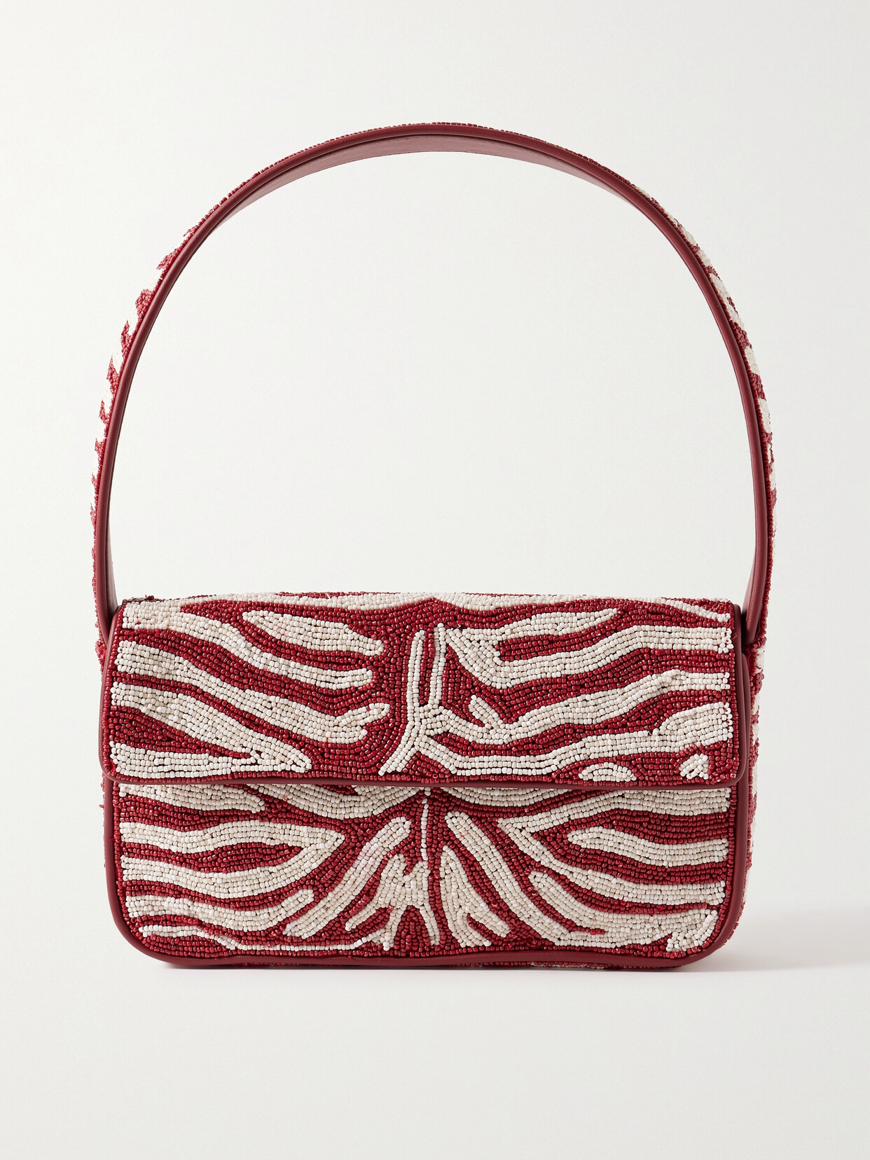 STAUD - Tommy Faux Leather-trimmed Beaded Satin Shoulder Bag - Red