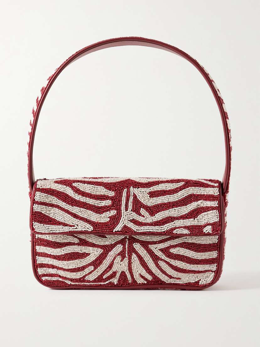 Staud Tommy Faux Leather-trimmed Beaded Satin Shoulder Bag