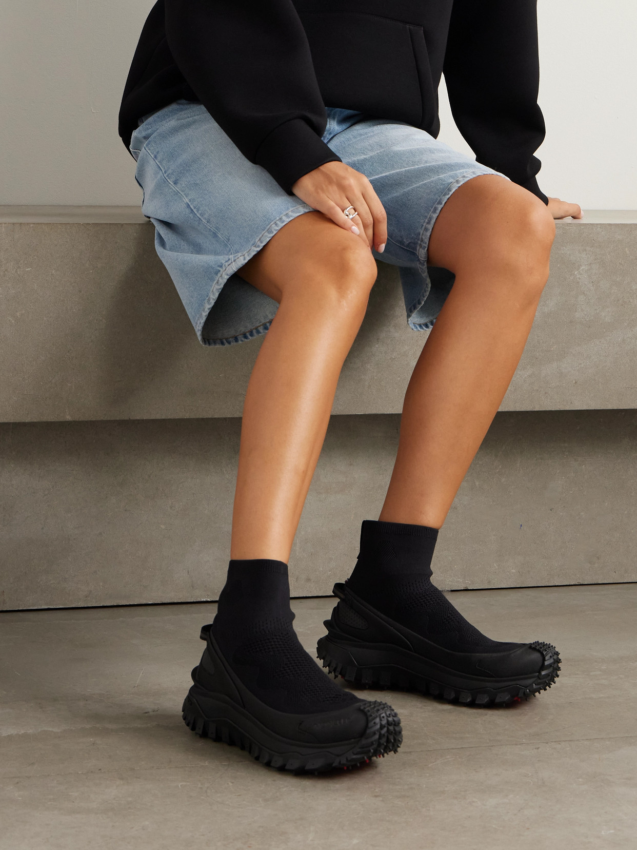 Moncler Trailgrip Stretch Knit High-top Sneakers In Black