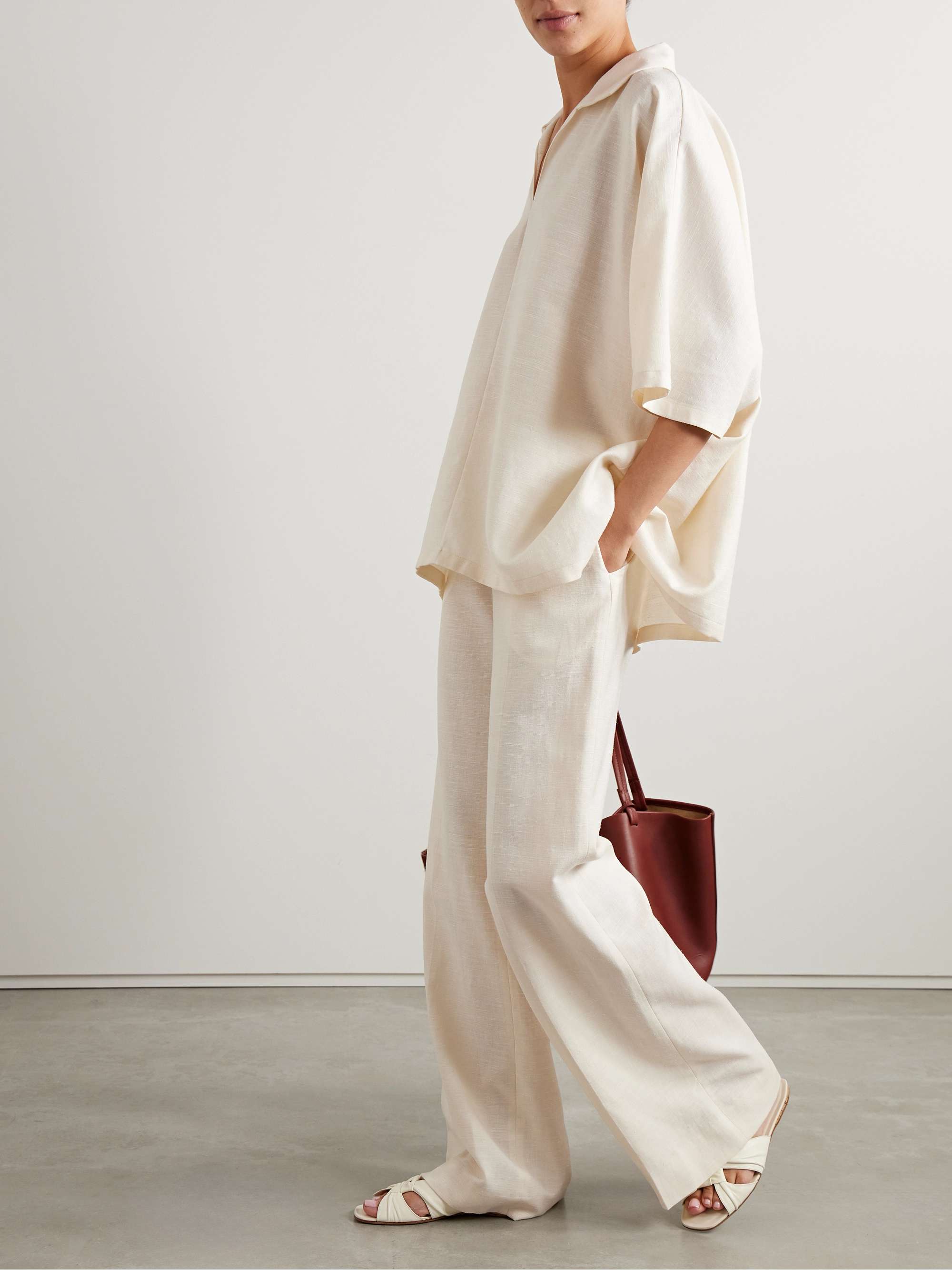 Ecru Foulard wool, silk and linen-blend wide-leg pants | THE