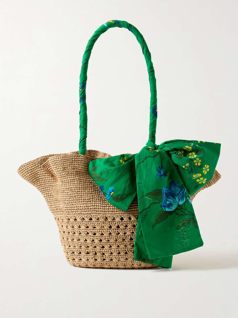 Erdem Printed Cotton And Linen-blend Trimmed Raffia Tote