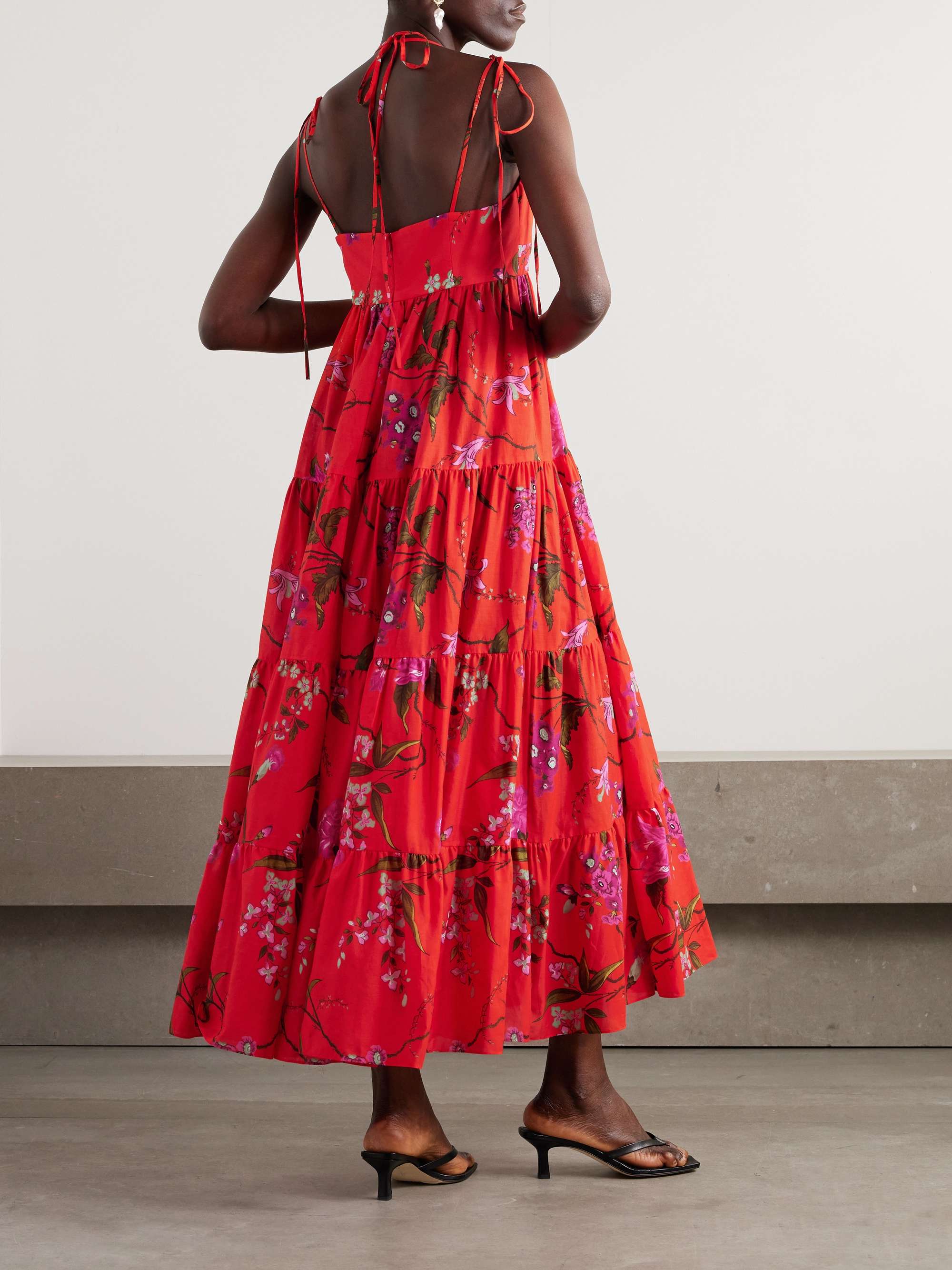 Floral-print tiered cotton-poplin maxi dress - red - UK 10