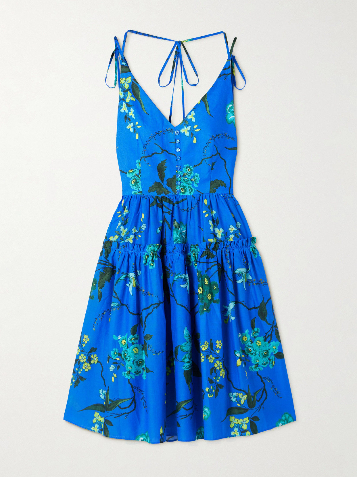 Erdem Tiered Floral-print Cotton And Linen-blend Mini Dress In Blue