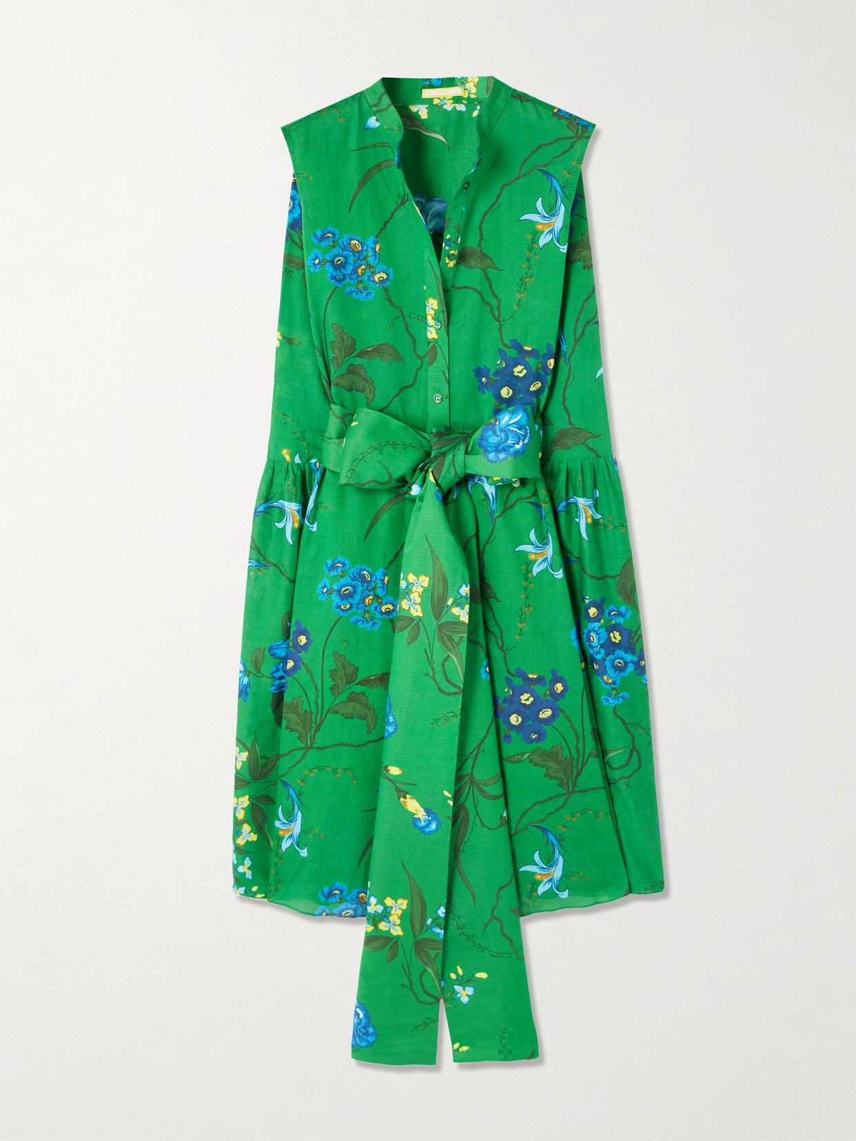 Erdem Belted Floral-print Cotton And Linen-blend Dress In Green