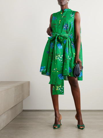 Erdem Belted floral-print cotton and linen-blend dress