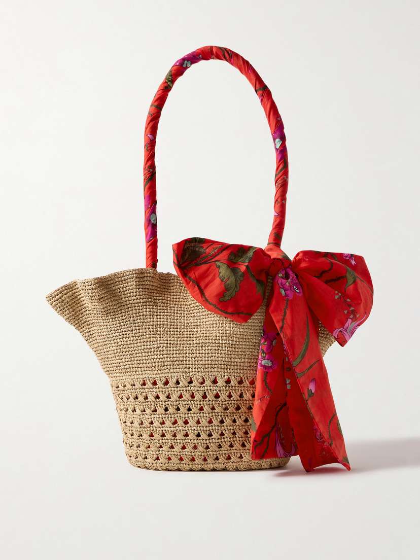 Erdem Bow-detailed Cotton And Linen-blend Trimmed Raffia Tote