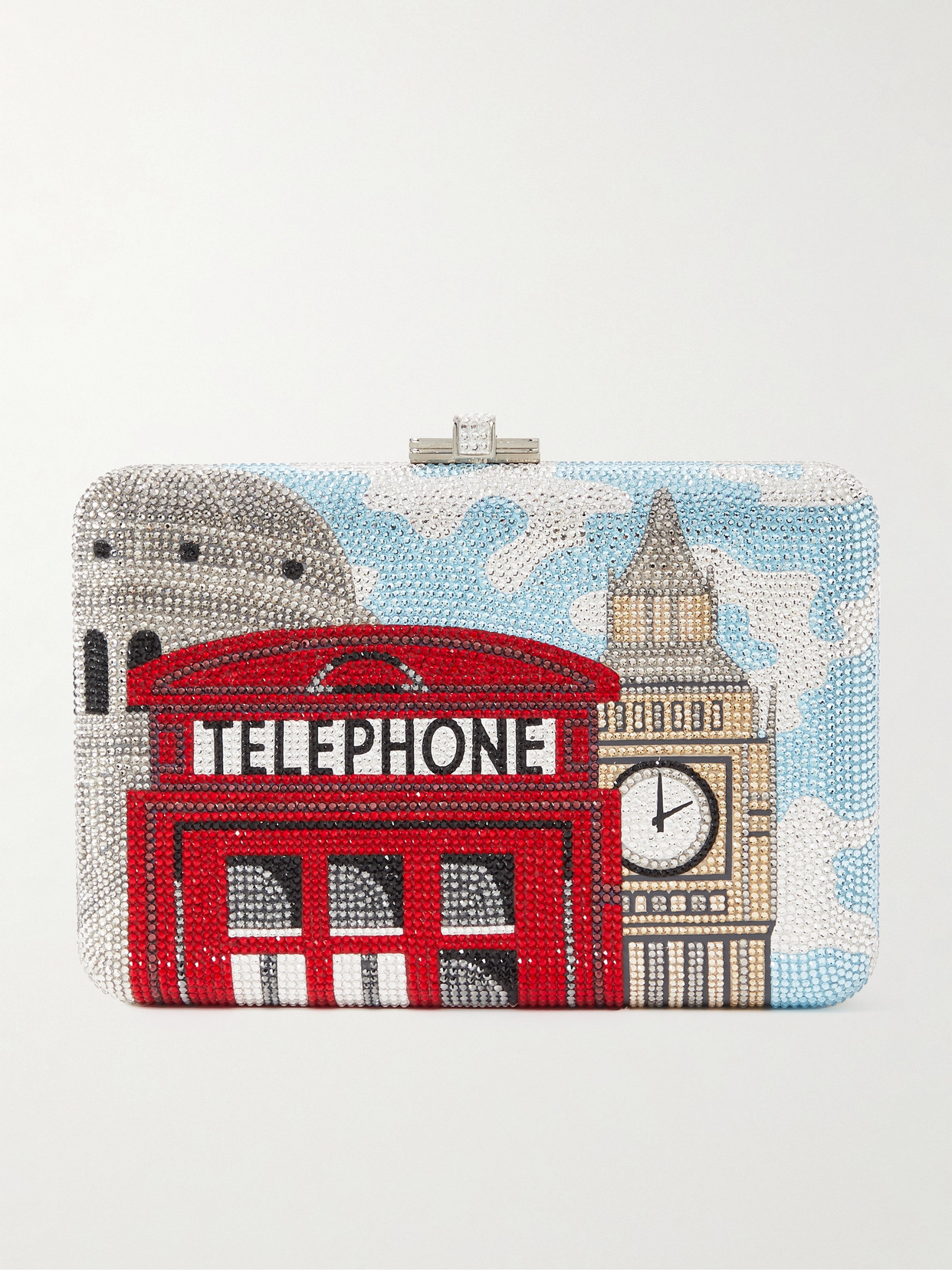 Judith Leiber London Big Ben And Telephone Box Crystal-embellished Silver-tone Clutch In Gold