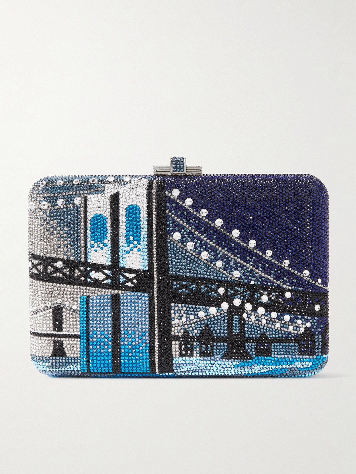 Judith Leiber Brooklyn Bridge Crystal-embellished Silver-tone Clutch In Blue