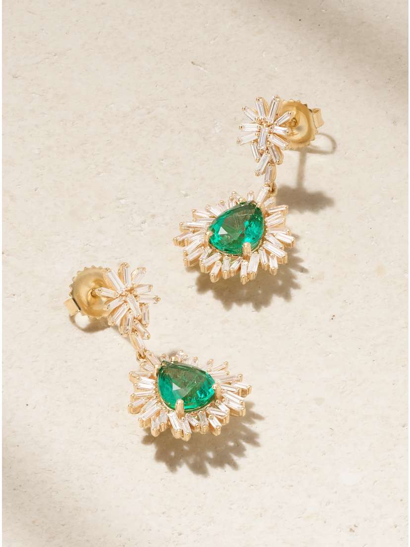 Suzanne Kalan 18-karat Gold, Emerald And Diamond Earrings