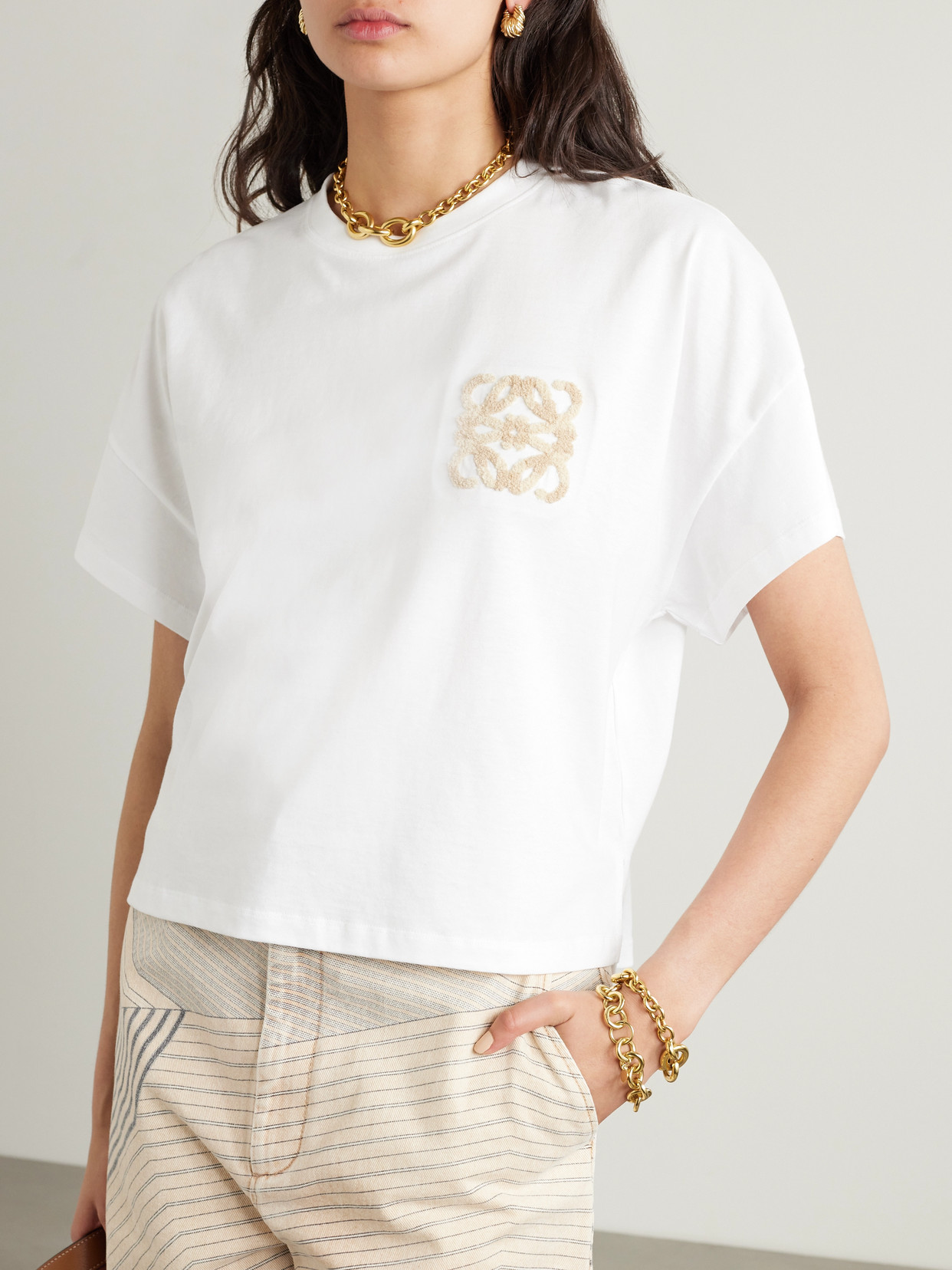 Shop Loewe + Paula's Ibiza Bouclé-appliquéd Cotton-jersey T-shirt In White