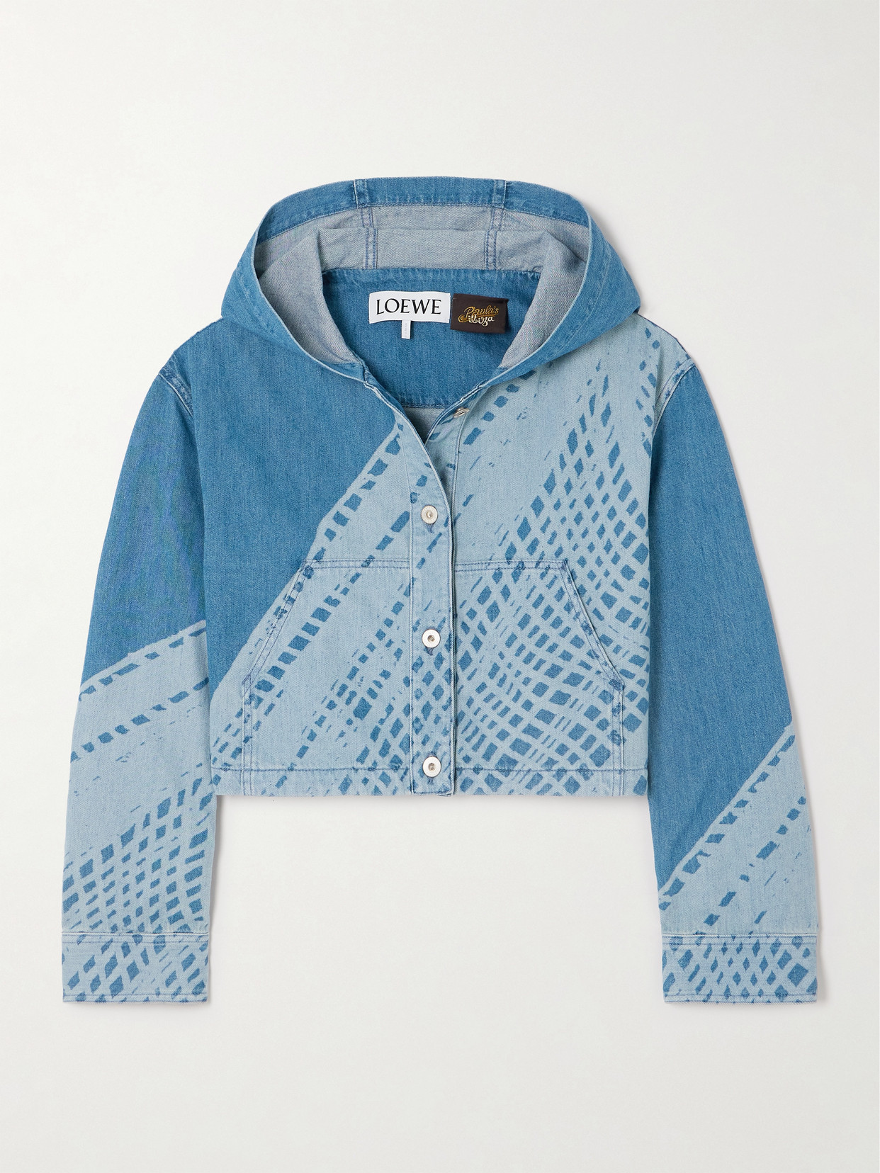 Loewe + Paula's Ibiza Hooded Cropped Leather-trimmed Printed Denim Jacket In Blue