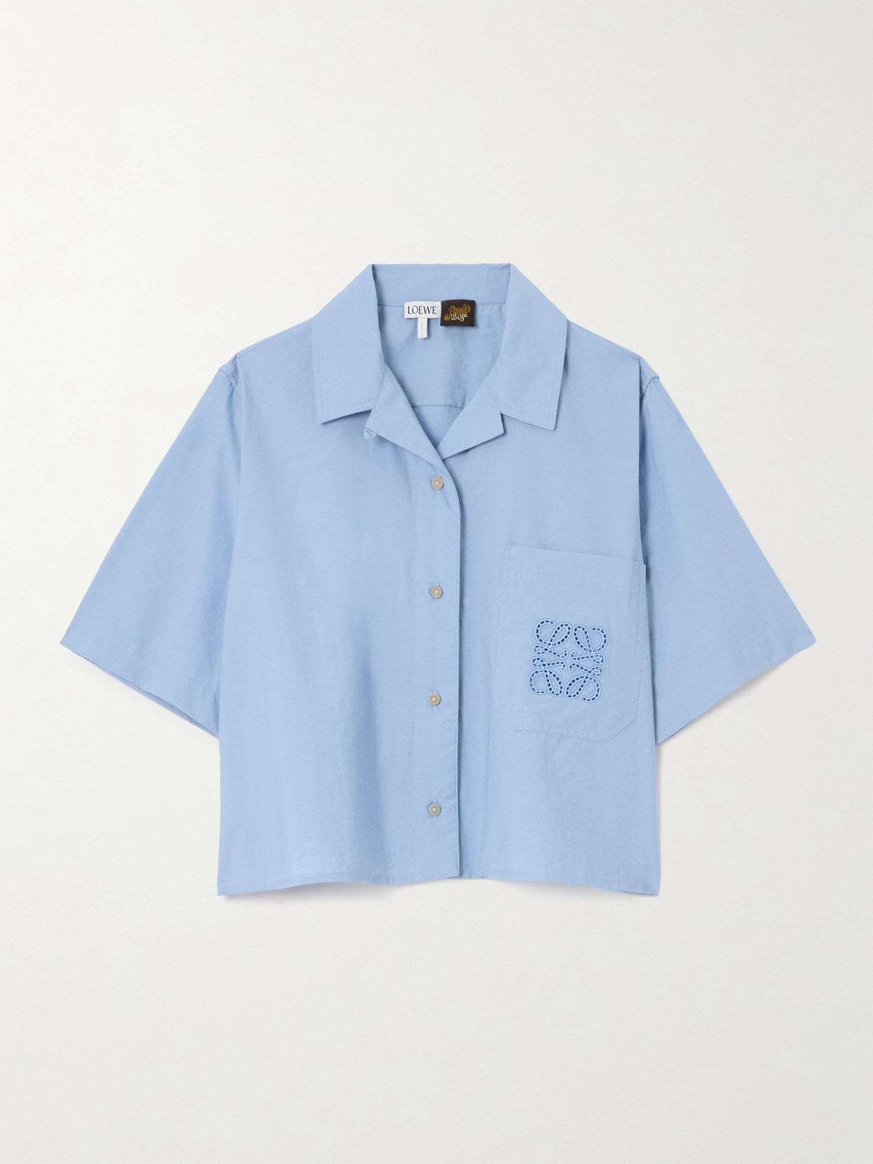 Shop Loewe + Paula's Ibiza Cropped Embroidered Cotton-blend Poplin Shirt In Blue