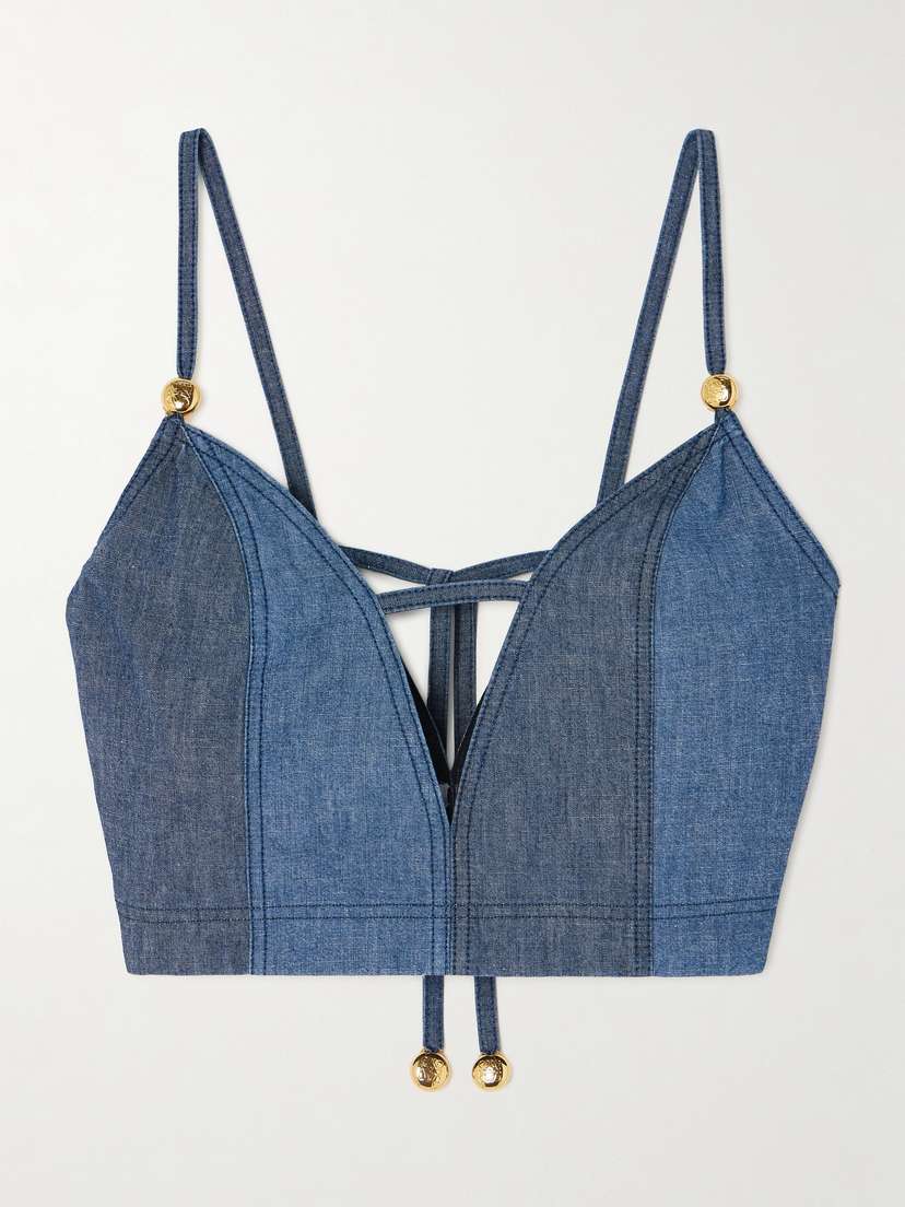 Loewe + Paula's Ibiza Cropped Cutout Embellished Denim Bustier Top