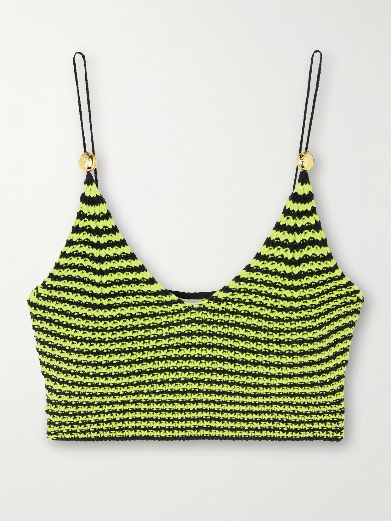 Loewe + Paula's Ibiza Cropped Embellished Striped Crocheted Cotton-blend Top In Green