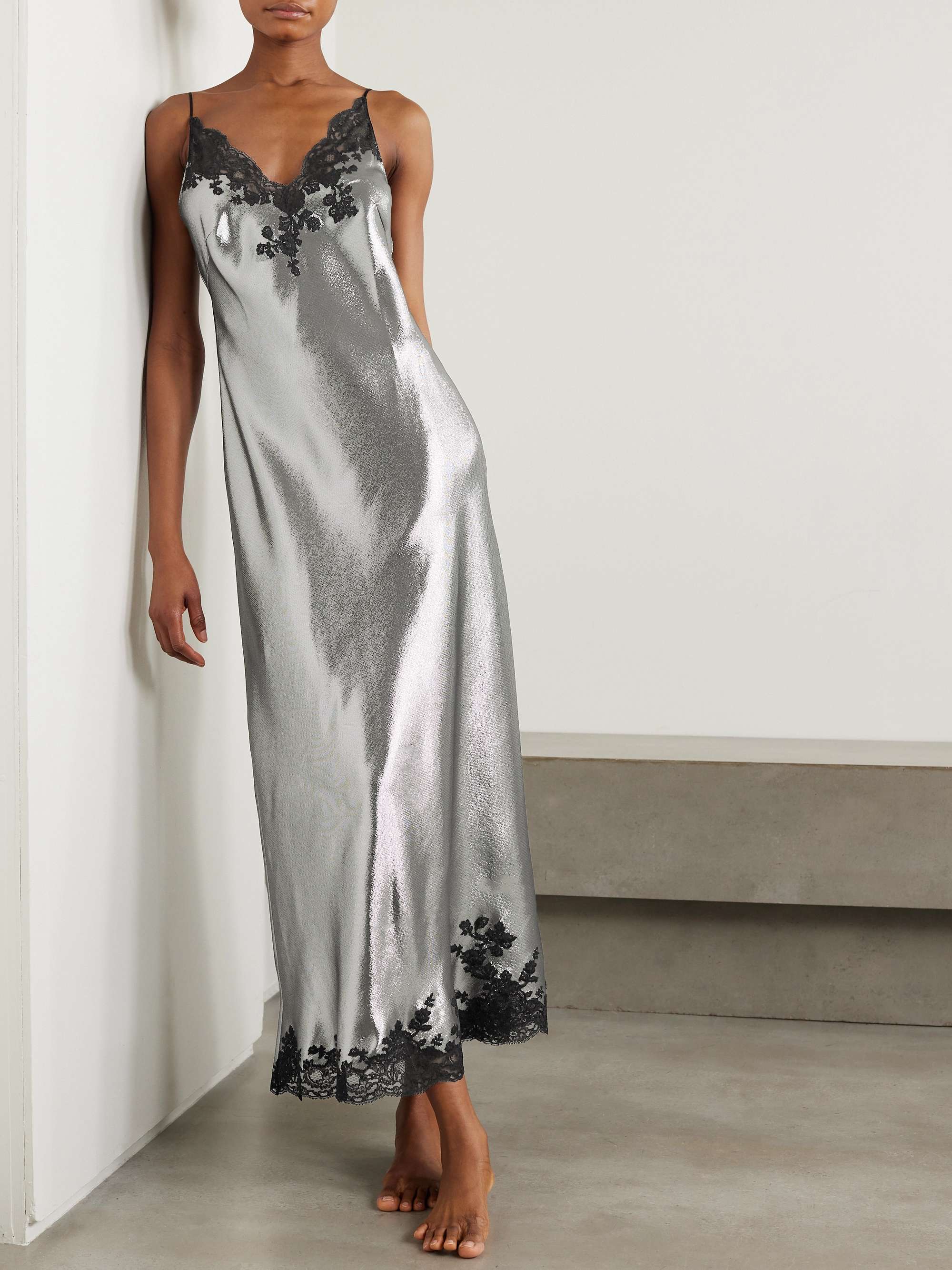 CARINE GILSON Lace-trimmed metallic silk-blend nightdress