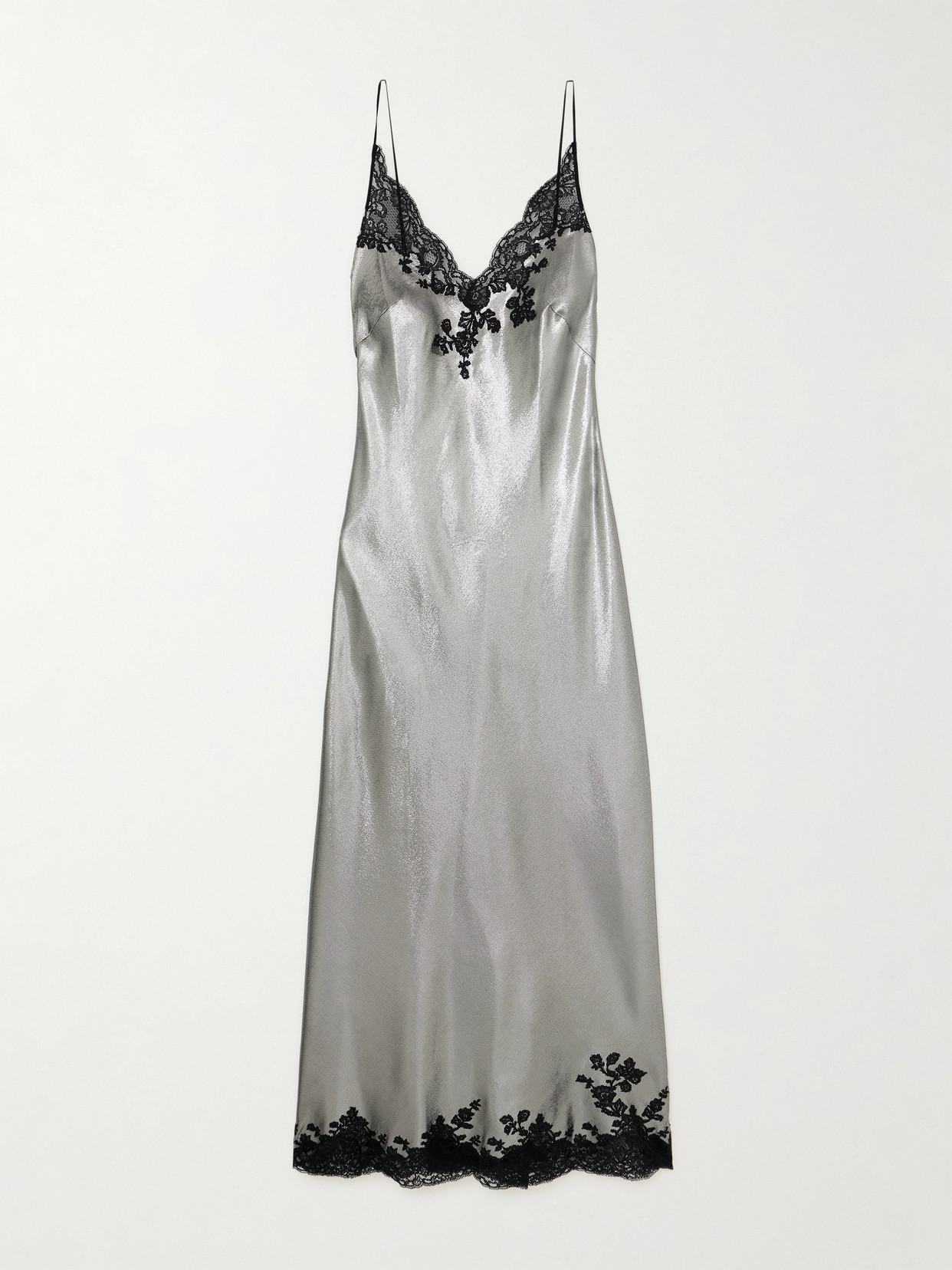 Shop Carine Gilson Lace-trimmed Metallic Silk-blend Nightdress In Gray