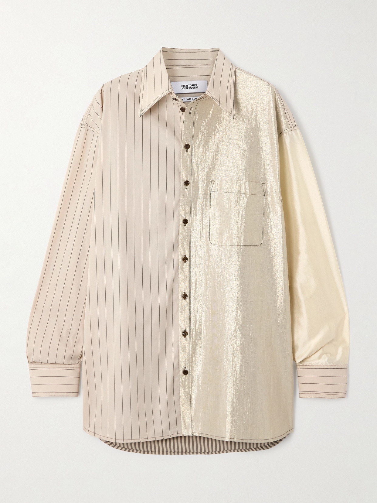 Christopher John Rogers Oversized Striped Patchwork Silk-satin, Cotton-poplin And Cotton-blend Shirt In Neutrals