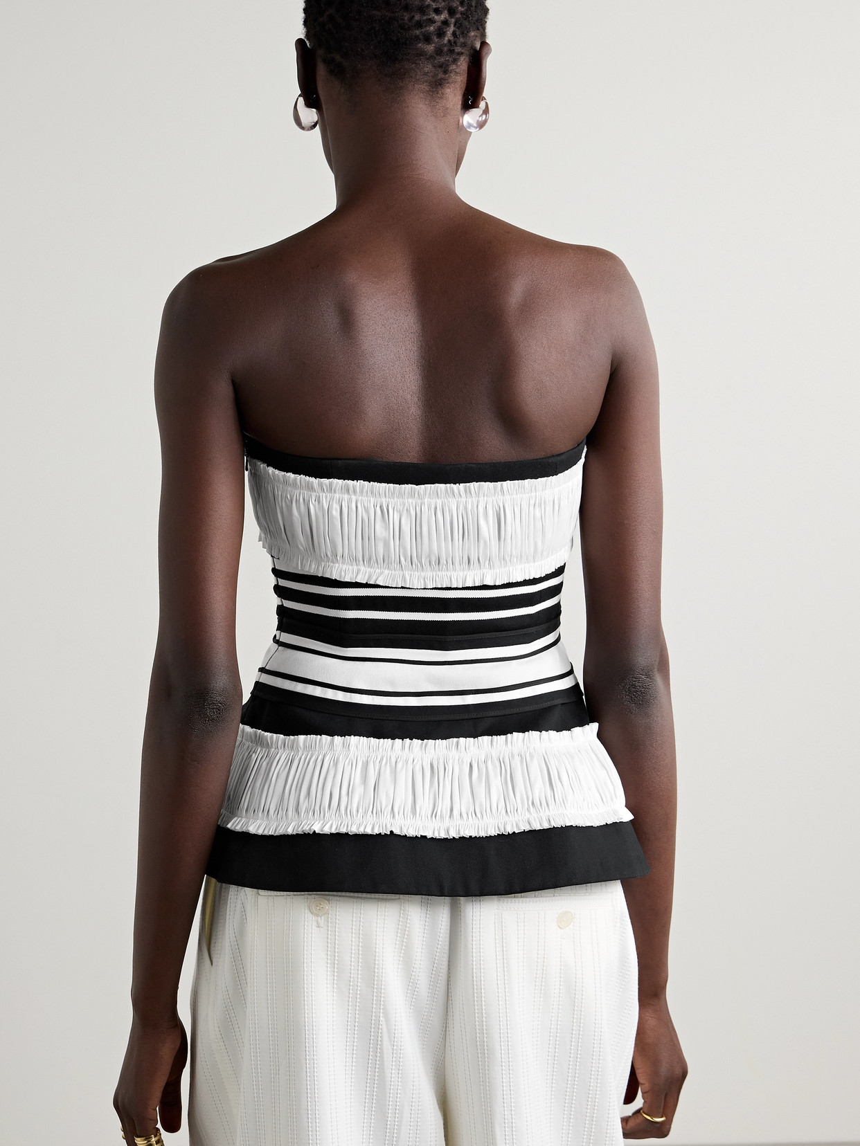 Strapless Striped Taffeta And Grosgrain-Trimmed Cotton And Silk-Blend Twill Peplum Top