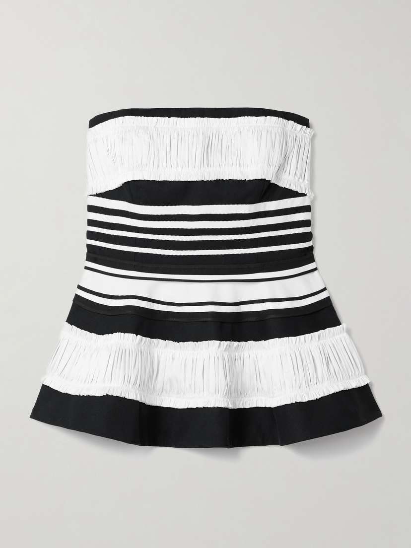 Christopher John Rogers Strapless Striped Taffeta And Grosgrain-trimmed Cotton And Silk-blend Twill Peplum Top