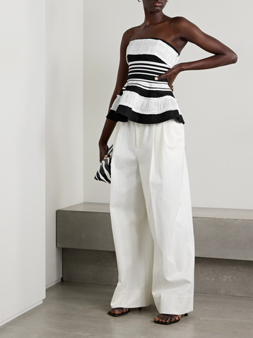 Christopher John Rogers Strapless striped taffeta and grosgrain-trimmed cotton and silk-blend twill peplum top