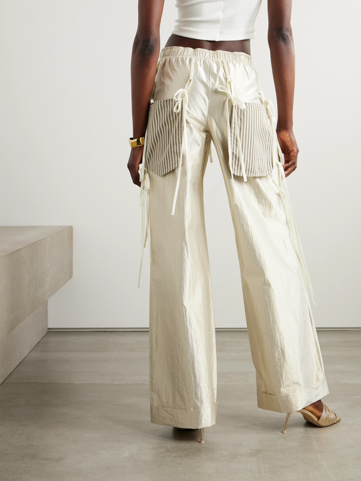 Shop Christopher John Rogers Poplin-trimmed Metallic Cotton-blend Wide-leg Pants In Neutrals