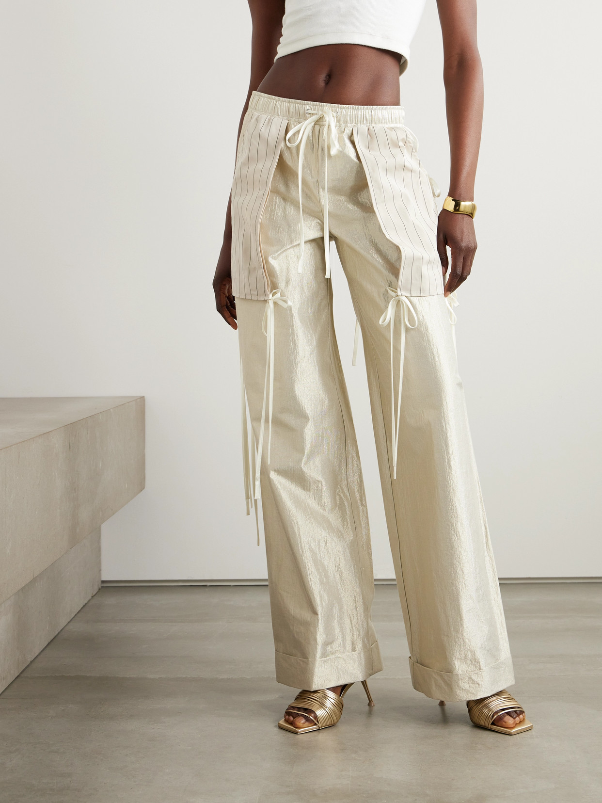 Shop Christopher John Rogers Poplin-trimmed Metallic Cotton-blend Wide-leg Pants In Neutrals