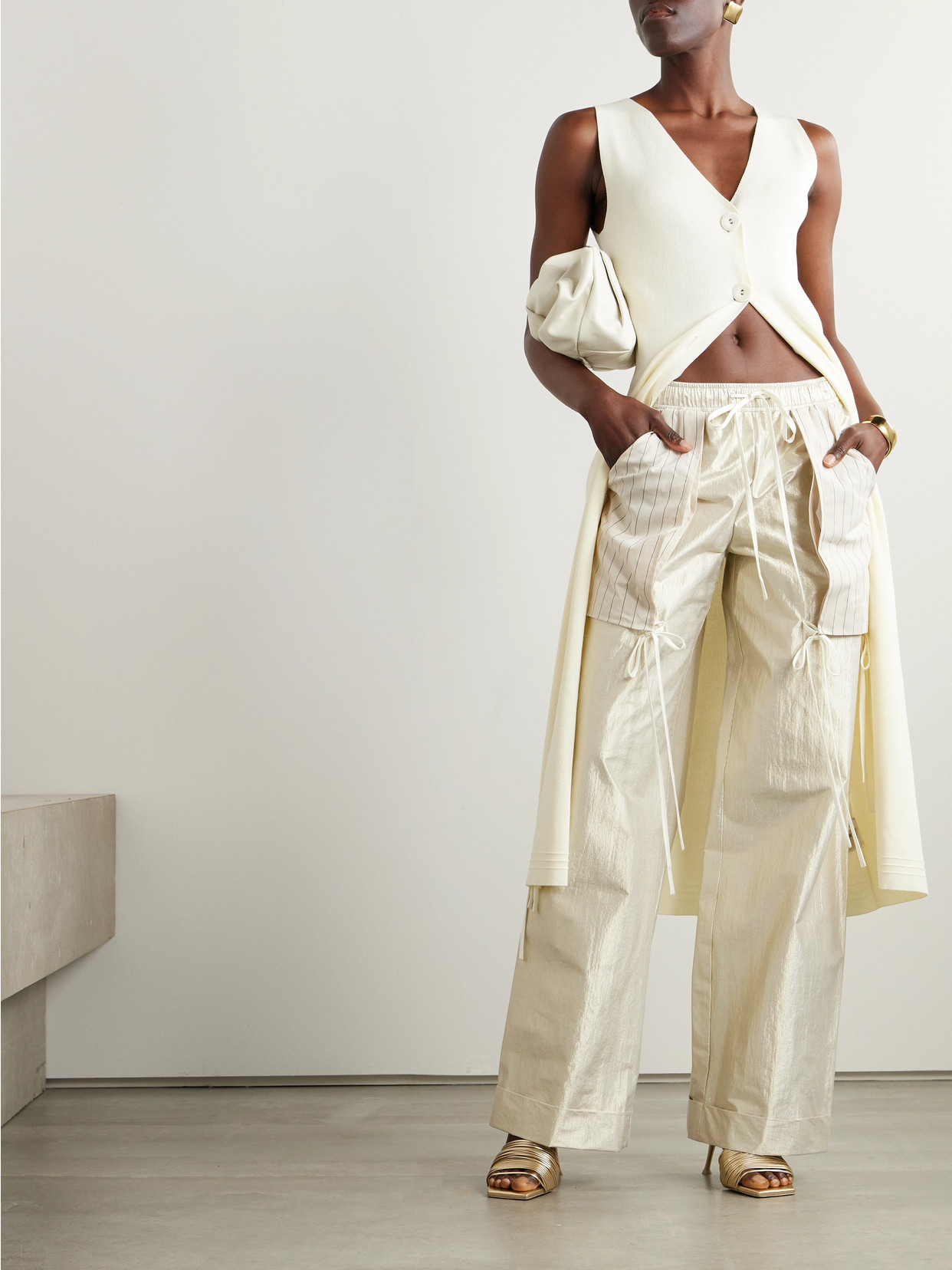 Shop Christopher John Rogers Poplin-trimmed Metallic Cotton-blend Wide-leg Pants In Neutrals