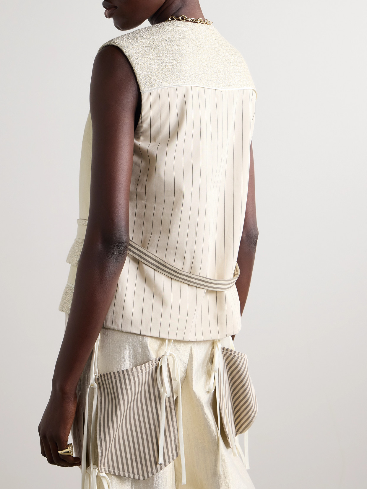 Belted Paneled Metallic Tweed, Lamé And Striped Voile Vest