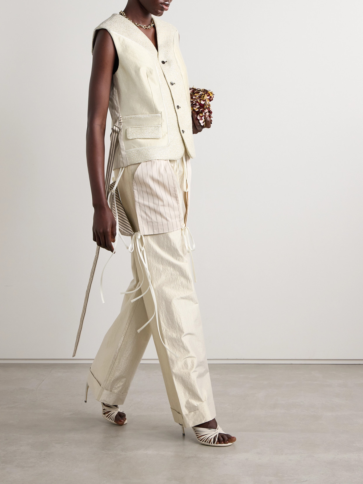 Belted Paneled Metallic Tweed, Lamé And Striped Voile Vest