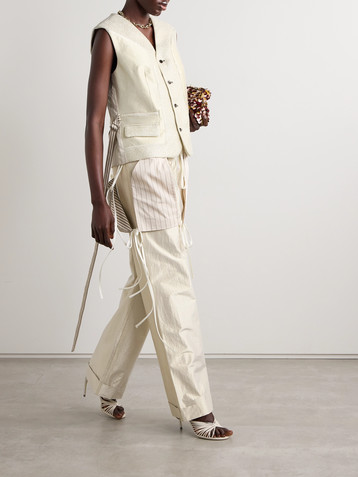 Christopher John Rogers Belted paneled metallic tweed, lamé and striped voile vest