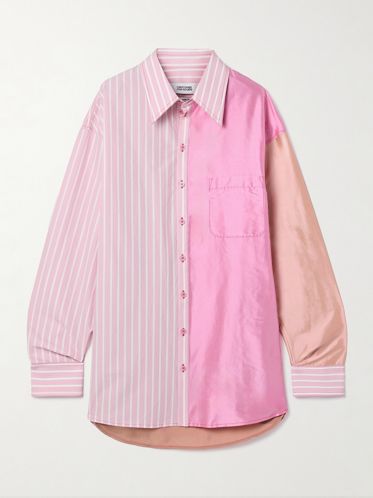 Christopher John Rogers Patchwork Satin, Silk-twill And Striped Cotton-blend Poplin Shirt In Pink