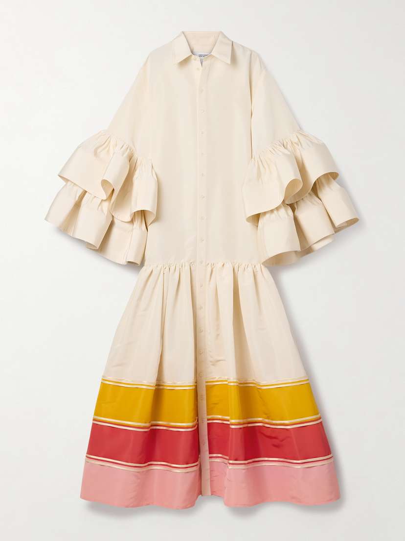 Christopher John Rogers Ruffled Satin-trimmed Striped Silk-faille Gown