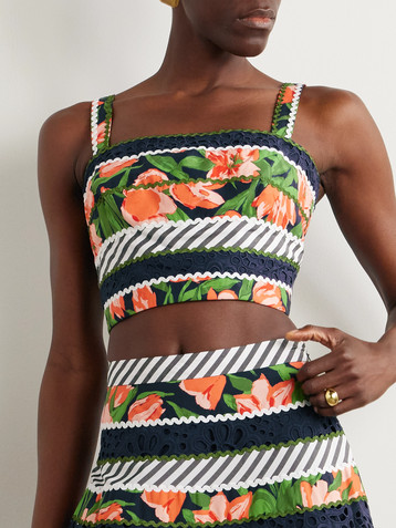 Carolina Herrera Ric rac-trimmed printed cotton-blend poplin and broderie anglaise top