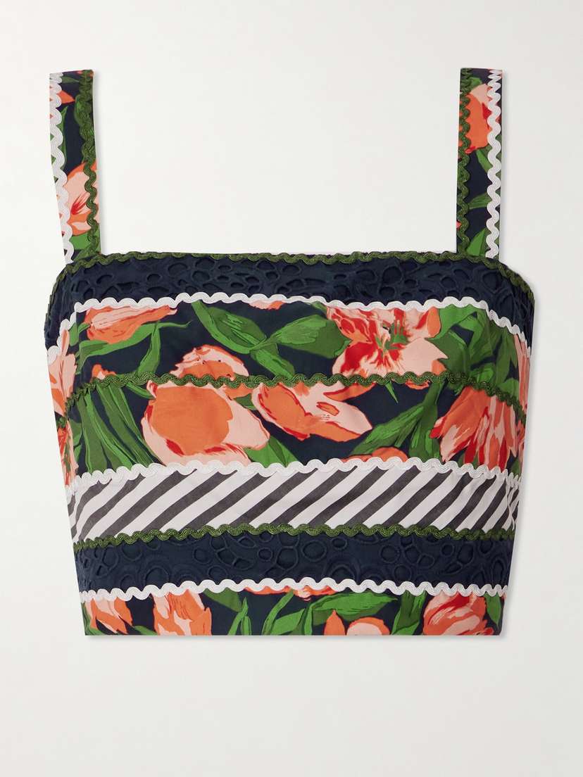 Carolina Herrera Ric Rac-trimmed Printed Cotton-blend Poplin And Broderie Anglaise Top