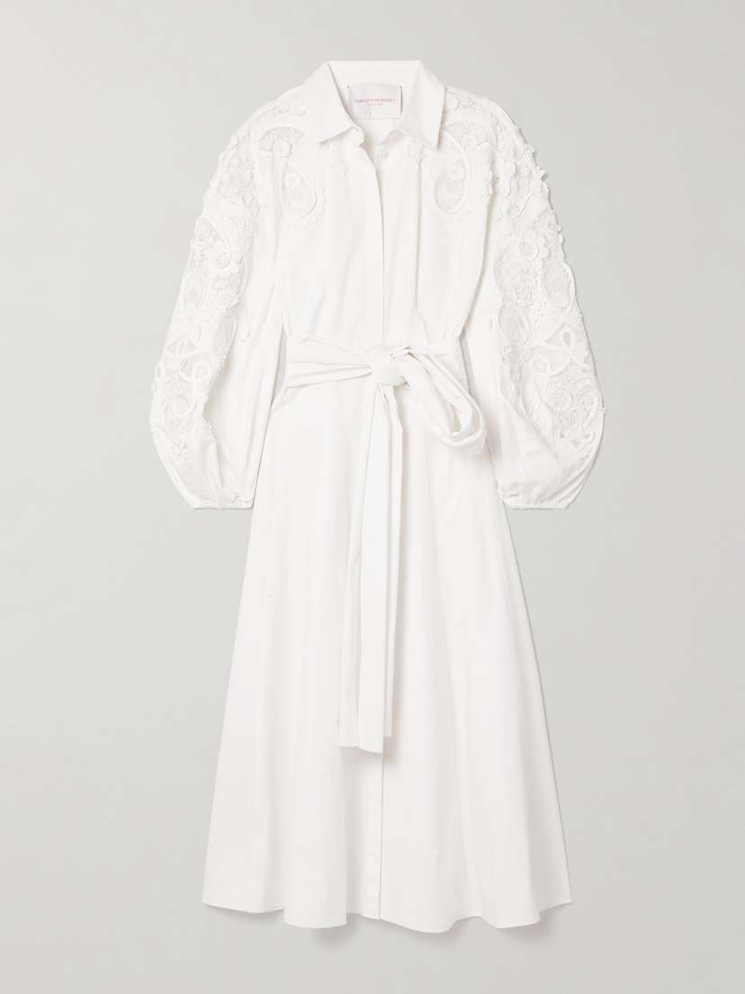Carolina Herrera Belted Guipure Lace-trimmed Cotton-twill Midi Dress