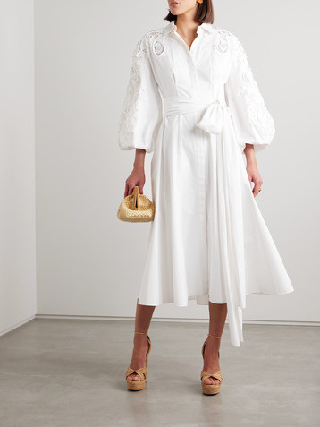 Carolina Herrera Belted guipure lace-trimmed cotton-twill midi dress
