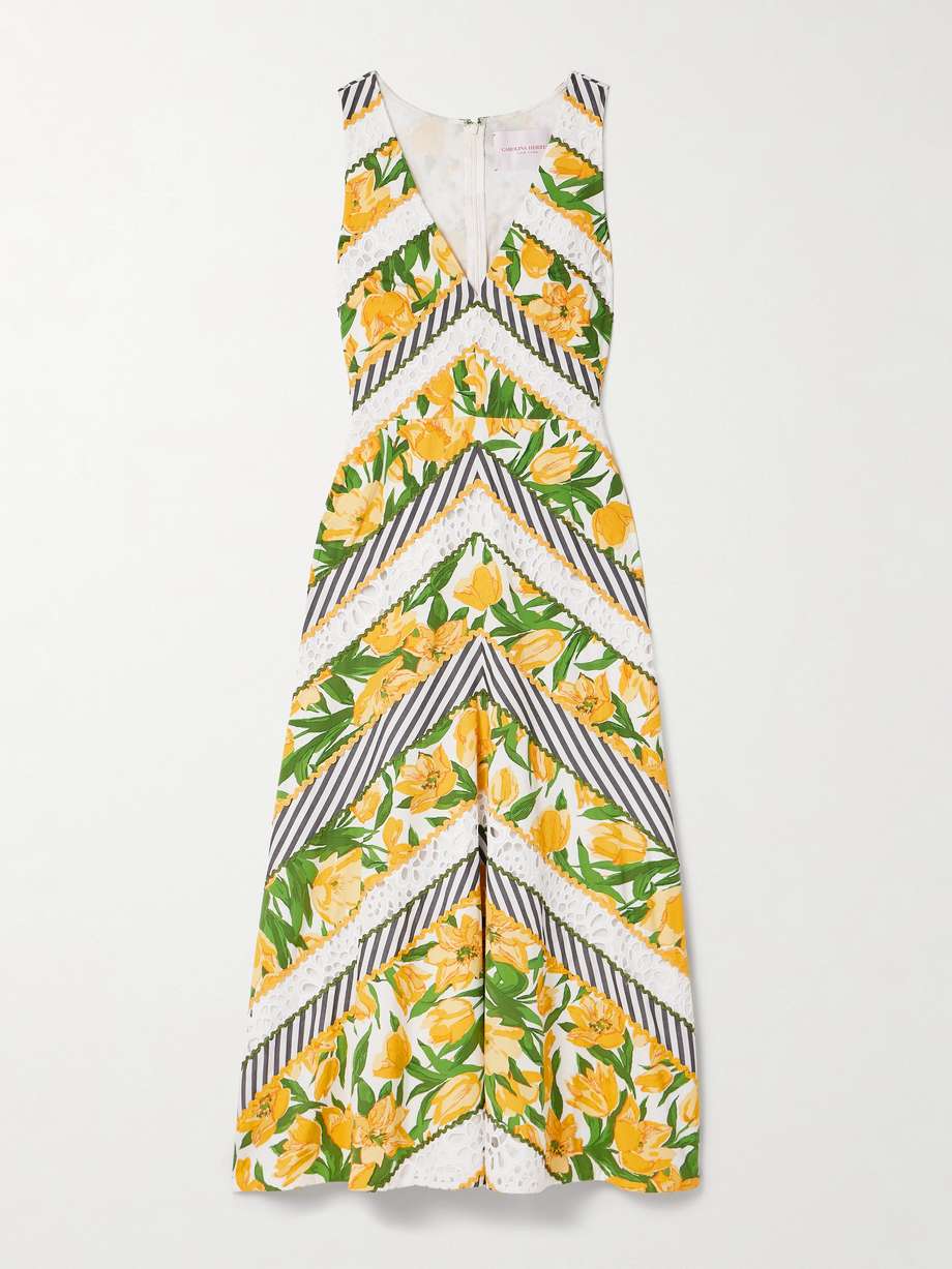 broderie anglaise and ric rac-trimmed printed cotton-poplin midi dress